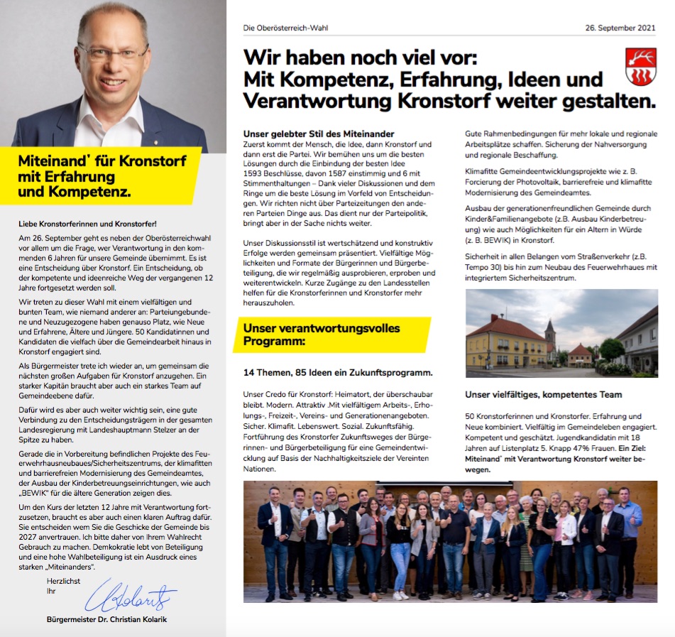 Wir haben noch viel vor: Mit Kompetenz, Erfahrung, Ideen und Verantwortung Kronstorf weiter gestalten.